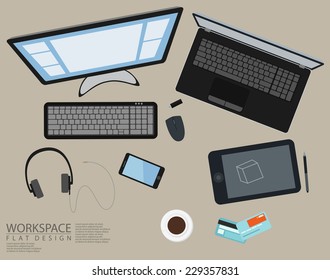 Office Workspace Computer Top View Flat Design