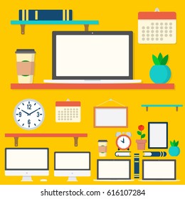 Office workspace. Workspace constructor with computer, laptop, coffee cup, calendar, clock, alarm, plant, rose, frame, shelves and books. Big set