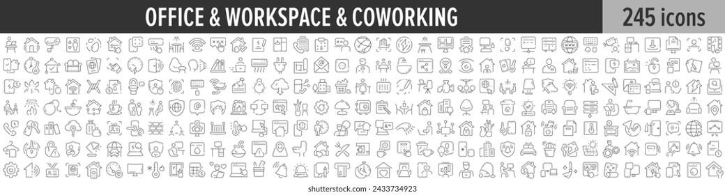 Lineare Symbolsammlung für Office, Workspace und Coworking. Großes Set von 245 Office-, Workspace- und Coworking-Icons. Sammlung dünner Liniensymbole. Vektorgrafik