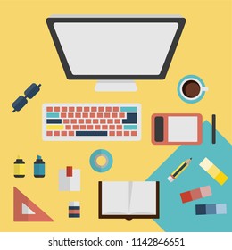 Office workspace for creator, designer with supplies and elements in flat design vector illustration
