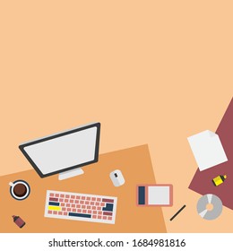 Office workspace for creator, designer. Top view of modern office work desk with supplies and elements in flat design vector illustration