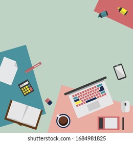 Office workspace for creator, designer. Top view of modern office work desk with supplies and elements in flat design vector illustration