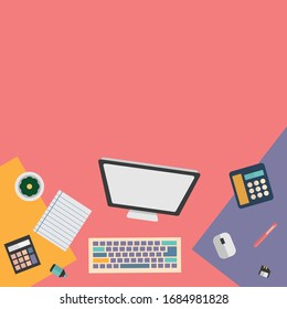 Office workspace for creator, designer. Top view of modern office work desk with supplies and elements in flat design vector illustration