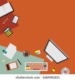 Office workspace for creator, designer. Top view of modern office work desk with supplies and elements in flat design vector illustration