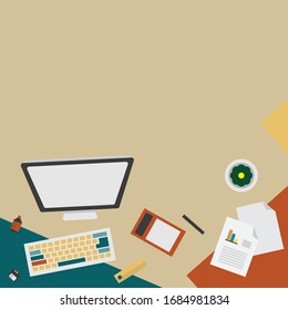 Office workspace for creator, designer. Top view of modern office work desk with supplies and elements in flat design vector illustration