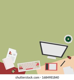 Office workspace for creator, designer. Top view of modern office work desk with supplies and elements in flat design vector illustration