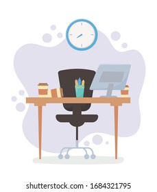 office workspace desk chair computer coffee cup clock and stationery supplies stress vector illustration