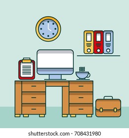office workspace desk computer checklist clock folder shelf coffee cup