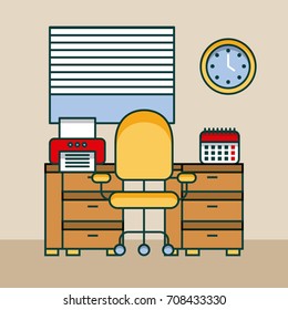 office workspace desk computer printer clock calendar