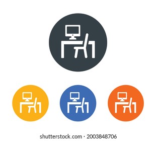 Office workspace desk icon. Computer screen, table desk and chair icon symbol. Desktop concept