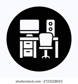 Office Workspace Desk Isolated Vector Black Glyph Circular Style Icon. 
