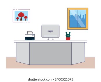 An office workspace with a desk, potted plant, computer, printing machine and a painting on the wall. City view in the window from above. Character de