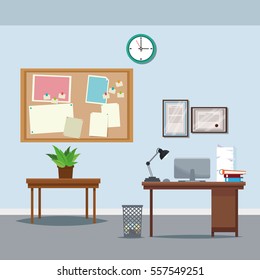 Office Workspace Desk Table Potted Plant Clock Notice Board Trash Can Laptop