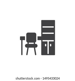 Office workspace desk vector icon. filled flat sign for mobile concept and web design. Computer table with chair and cupboard glyph icon. Symbol, logo illustration. Vector graphics
