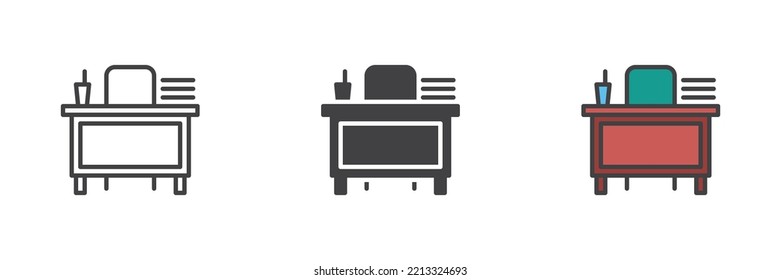 Office workspace different style icon set. Line, glyph and filled outline colorful version, table with stacked books and chair outline and filled vector sign. Symbol logo illustration. Vector graphics
