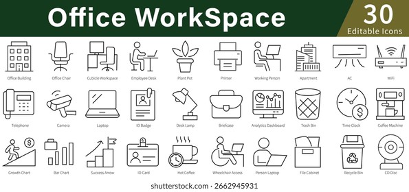 Office WorkSpace Editierbare Liniensymbole Set für Business-, Professional-, Unternehmens- und Arbeitsplatzumgebungen