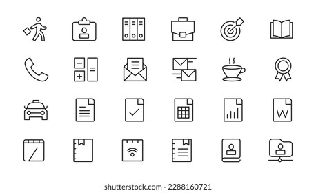 Elementos del área de trabajo de Office - juego de iconos de línea delgada. Colección de iconos de esquema. Ilustración vectorial simple.