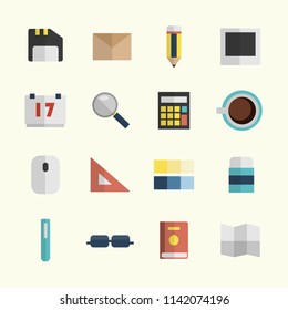 Office workspace equipment flat design icon set collection