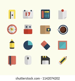 Office workspace equipment flat design icon set collection