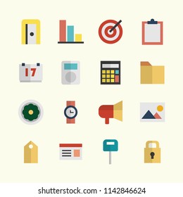 Office workspace equipment flat design icon set collection