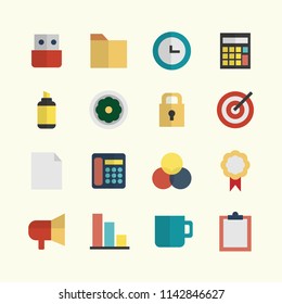 Office workspace equipment flat design icon set collection