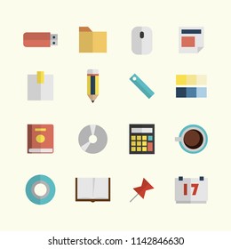 Office workspace equipment flat design icon set collection