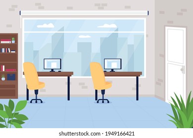 Office workspace flat color vector illustration. Job position, work in company. Corporate space. Computers on desk. Workplace for marketing team 2D cartoon interior with furniture on background
