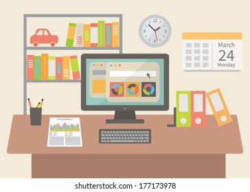 office workspace in flat design style, vector illustration