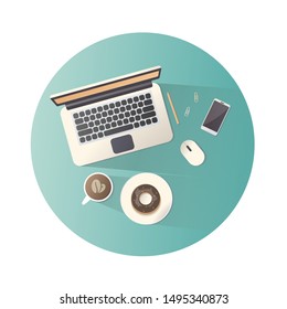 office workspace. flat vector illustration. the view from the top. desk, phone, laptop, coffee. isolated on white background