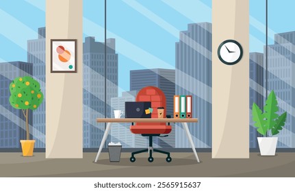 Office workspace with furniture, equipment, documents against the background of large windows.