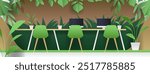 Office workspace with green chairs and computers tropical plants modern design paper cut style