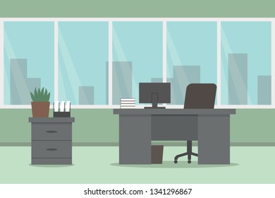 Office workspace with green wall and panoramic window. Vector illustration.
