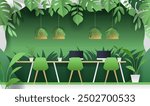 Office workspace with greenery modern design. Green office chairs desks computers plants hanging lamps lush foliage background paper cut style