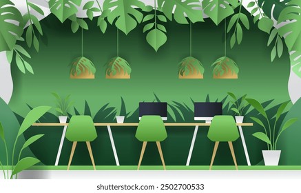 Office workspace with greenery modern design. Green office chairs desks computers plants hanging lamps lush foliage background paper cut style