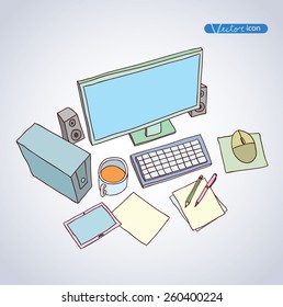 Office Workspace,  hand drawn vector illustration.