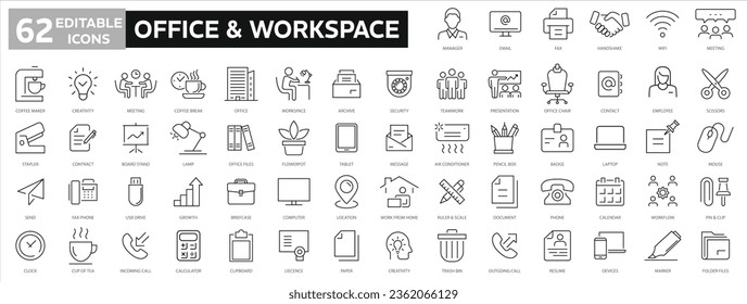 Office workspace icon collection - thin line web icon set. Outline style set. Office line icons set. Office and workspace line icons set. Сhair, coffee, time, manager, Simple vector illustration.