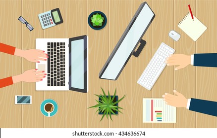 Office workspace. Icon collection. Office things on wooden background. Vector flat illustration. 