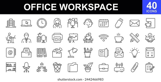 Office workspace icon set. Containing workspace elements, briefcase, desk, computer, meeting, employee, schedule, co-worker symbol and more. Vector illustration