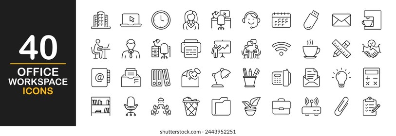 Office workspace icon set. Containing workspace elements, briefcase, desk, computer, meeting, employee, schedule, co-worker symbol and more. Vector illustration