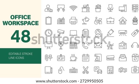 Office workspace icon set. Containing workplace, computer, desk, company, document, business, laptop, meeting, chair, clipboard, briefcase, device, appliance and more. Editable line icons. Vector illustration.