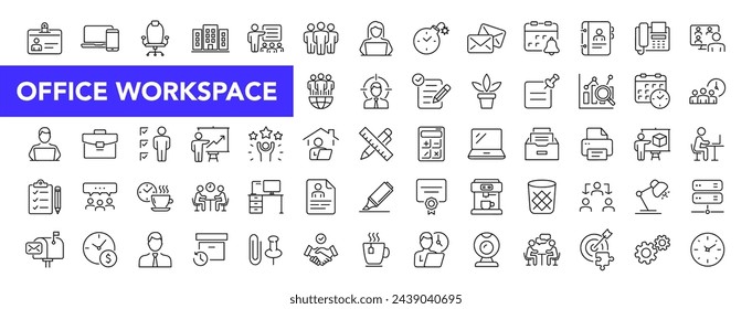 Office workspace icon set with editable stroke. Office and coworking thin line icon collection. Vector illustration