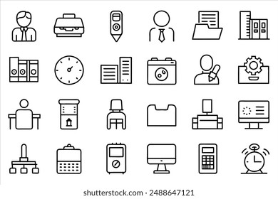 Office- oder Workspace-Symbolsatz. Bearbeitbare Kontursymbole gesetzt. Vektorillustration.
