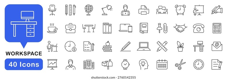 Office and workspace icon set. Office icons in line style. Editable web icons for workplace, coworking, work from home, meeting, business Vector illustration.