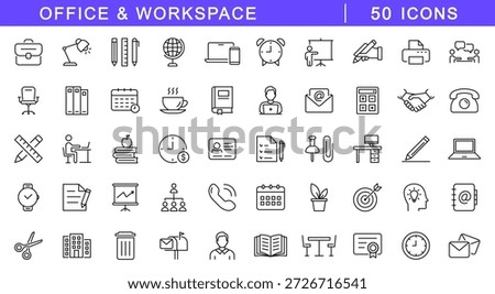Office and workspace icon set. Office icons in line style. Editable web icons for workplace, coworking, work from home, meeting, business Vector illustration.