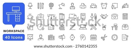 Office and workspace icon set. Office icons in line style. Editable web icons for workplace, coworking, work from home, meeting, business Vector illustration.
