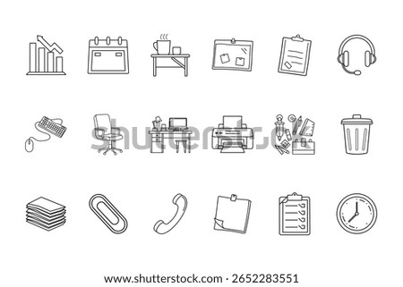 Office workspace icon set including desk calendar coffee cup clipboard clock more