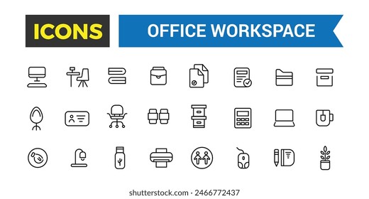 Office workspace icon set. Outline icons pack. Editable vector icon and illustration.