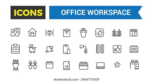 Office workspace icon set. Outline icons pack. Editable vector icon and illustration.