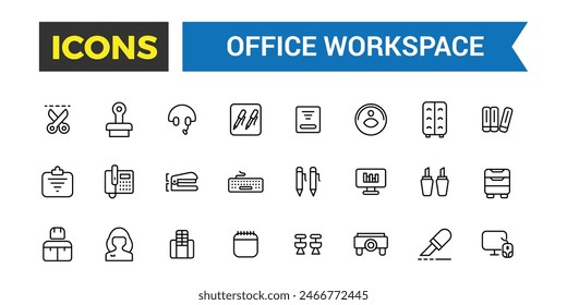 Office workspace icon set. Outline icons pack. Editable vector icon and illustration.