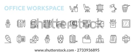 Office Workspace icon set outline style with document, calendar, staple, marker, telephone, email icons